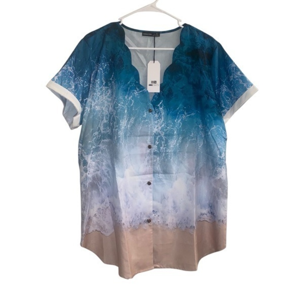 Blue Ocean Print Women's Top swim suit cover up or fun blouse XL NWT